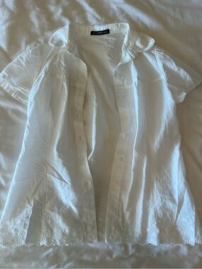 Brandy Melville White Button-Up Short Sleeve Blouse with Eyelet Hem